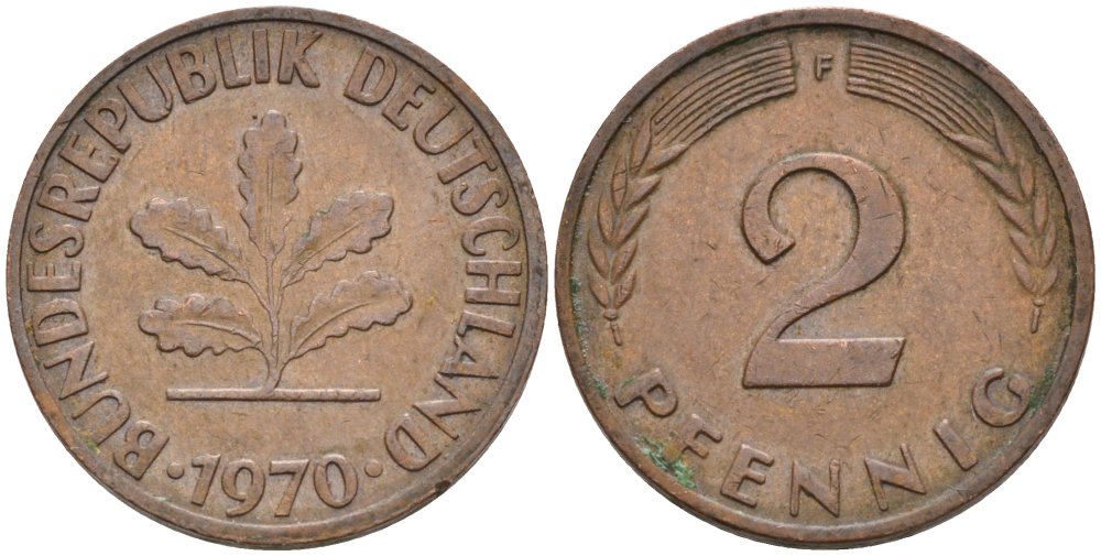 ФРГ 2 ПФЕННИГА 1970 F KM 106а, J.381а сталь плакированная медью 4567-913