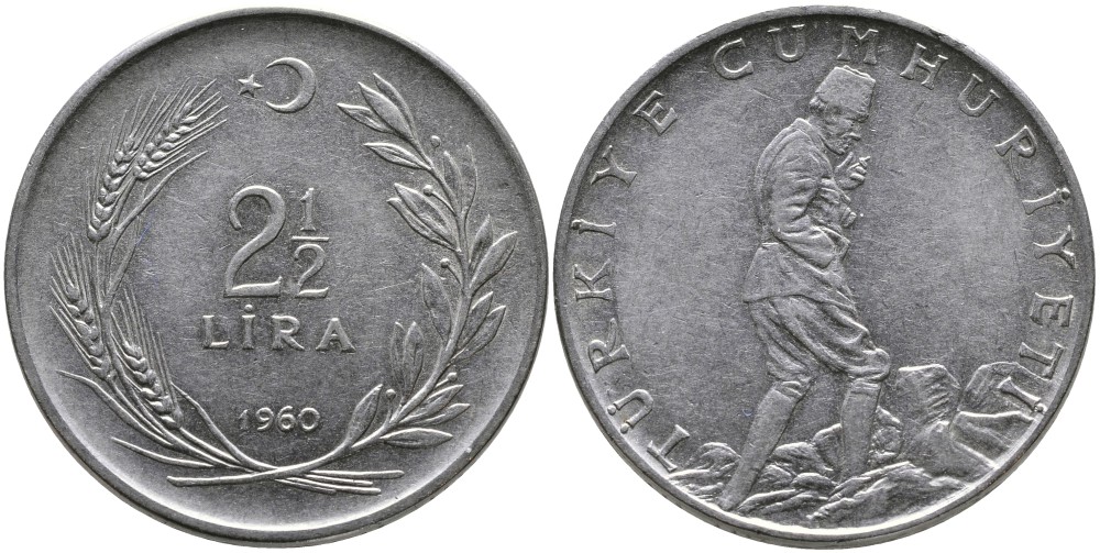 ТУРЦИЯ 2 1/2 ЛИРЫ 1960 KM 893.1 нержавеющая сталь 29-1022