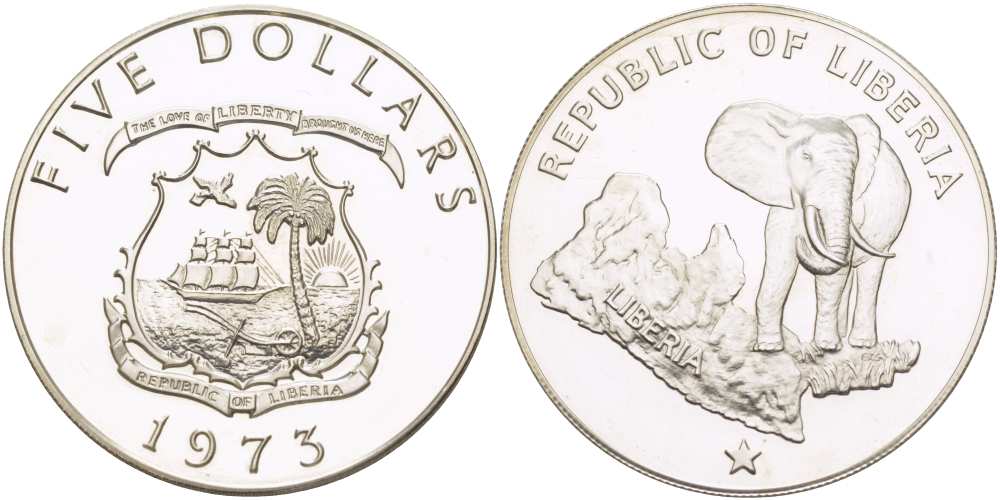 Либерия 5 долларов 1974 африканский слон KM 29 серебро PROOF 00-000-00