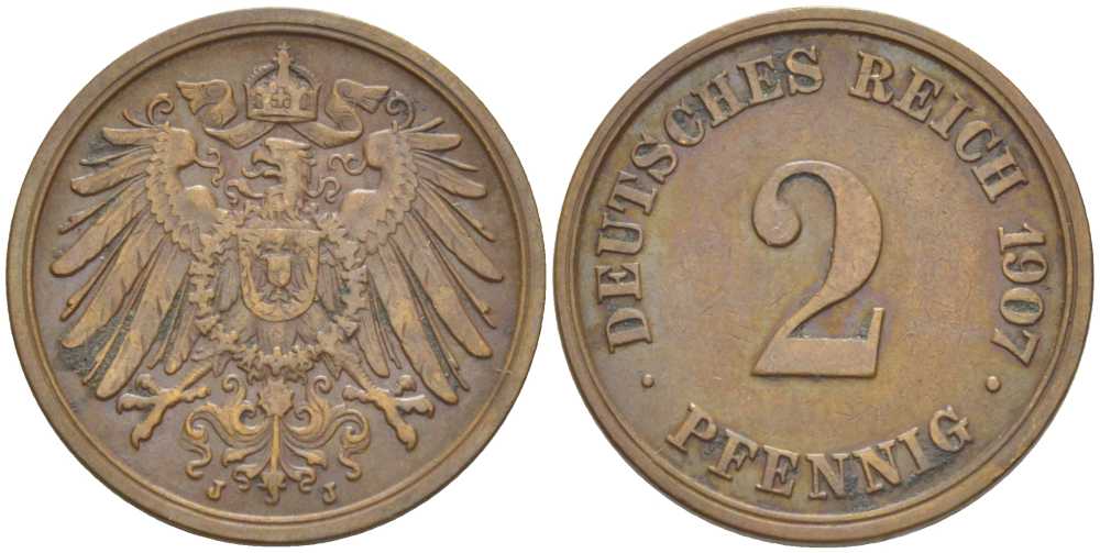 ГЕРМАНИЯ 2 ПФЕННИГА 1907 J KM 16, J. 11, Weege 4 медь 206-537