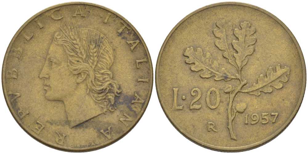 ИТАЛИЯ 20 ЛИР 1957 R, ДУБОВЫЙ ЛИСТ KM 97.1 алюминиевая бронза 113-1243