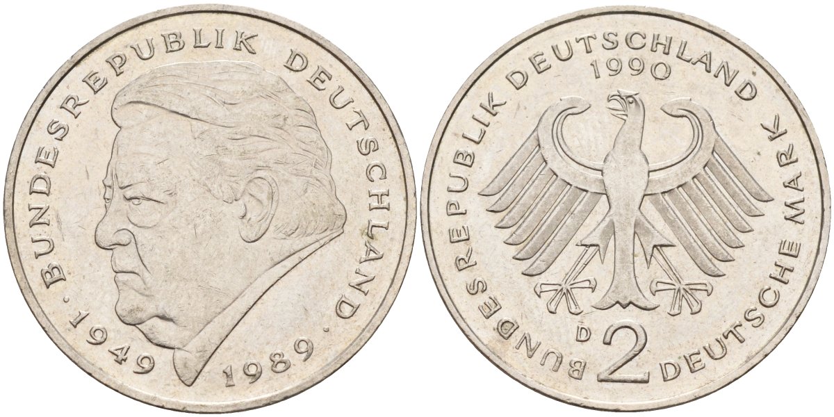 ФРГ 2 марки 1990 D, Франц Йозеф Штраус, 40 лет Федеративной Республике (1949-1989) KM 175, J. 450 медно-никель плакированный никелем 4168-445