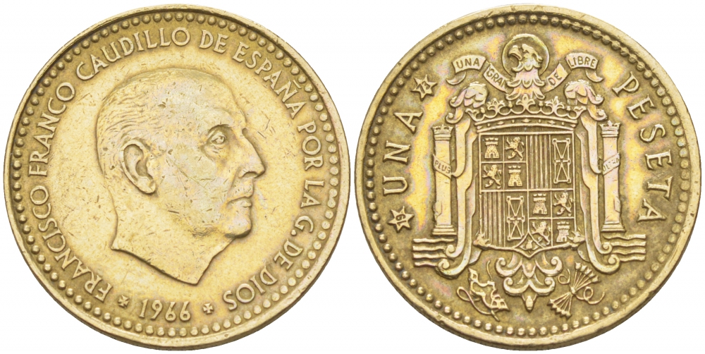 ИСПАНИЯ 1 ПЕСЕТА 1966 (73) ФРАНСИСКО ФРАНКО ДИКТАТОР ИСПАНИИ (1939-1975) КМ 796 алюминиевая бронза 87-1455