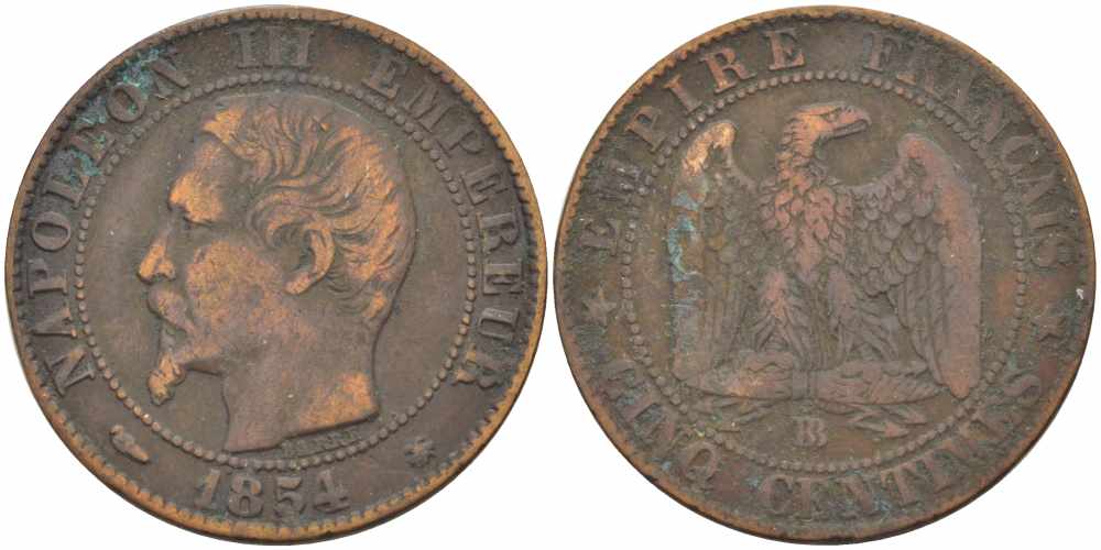 Франция 5 сантимов 1854 BB, Наполеон III (1852-1870) KM 777.3, LE FRANC 116.10 бронза 108-251
