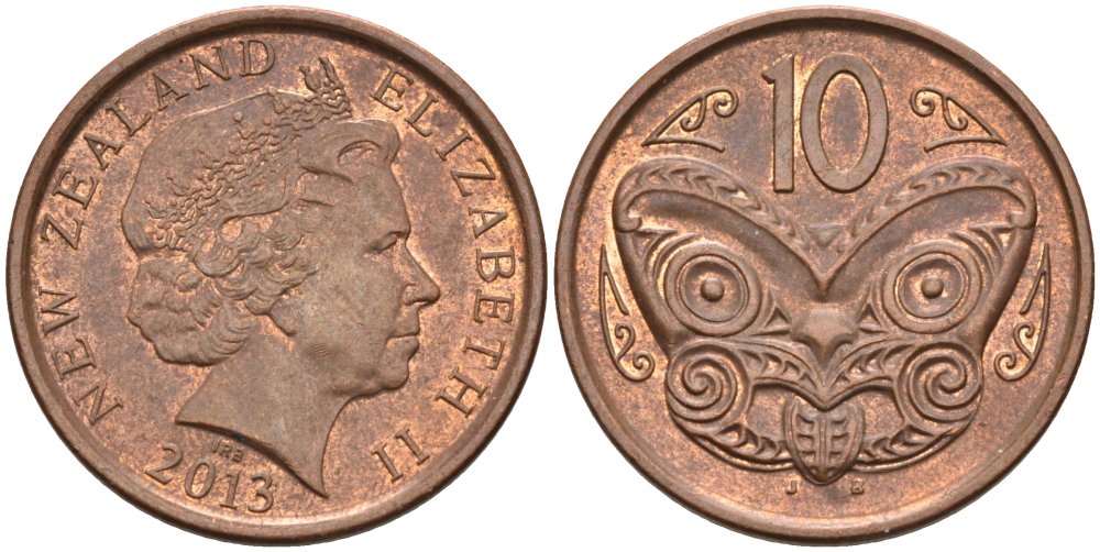 Новая Зеландия 10 центов 2013 маска Маори, Елизавета II (1952-) KM 117а сталь плакированная медью 65-1154