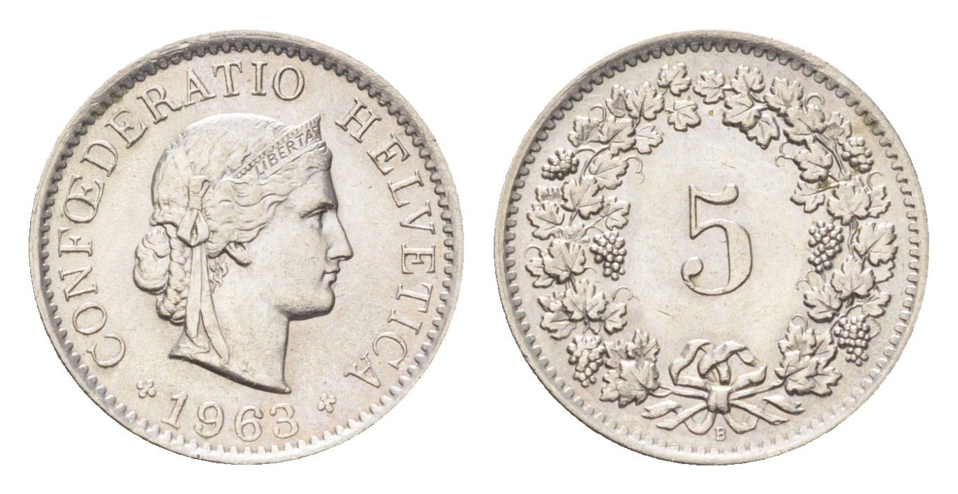 Швейцария 5 раппенов 1963 B KM 26 медно-никель 4705-1254