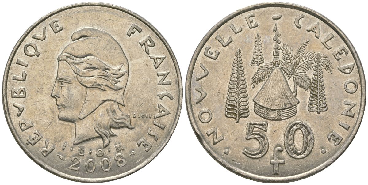 Французская Новая Каледония 50 франков 2008 хижина среди сосен и пальм, (IEOM) KM 13a, Schoen 15a, Lec 128i медно-никель 114-321