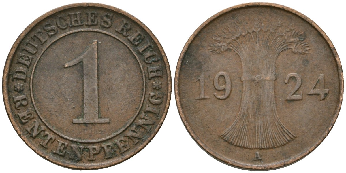 Германия 1 рентенпфенниг 1924 A KM 30, J. 306 бронза 4608-318