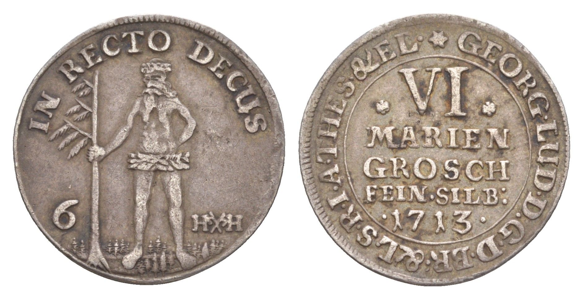 Брауншвейг-Каленберг-Ганновер 6 мариенгрошей 1713 дикарь, Георг I (1698-1727), из коллекции Ричарда Б. Смита Welter 2182 серебро 00-821-30