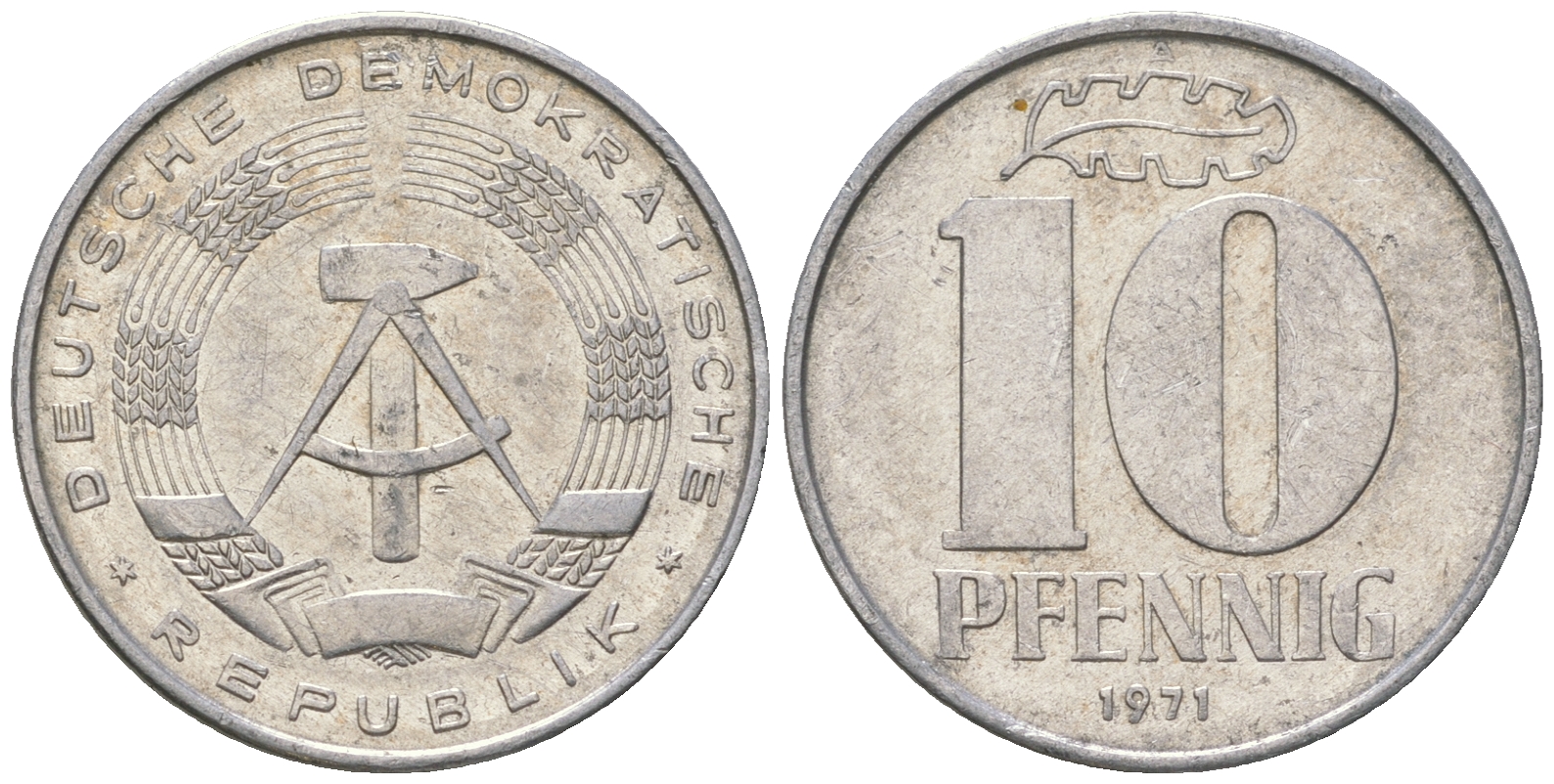 ГДР 10 пфеннигов 1971 А KM 10 алюминий 3459-632