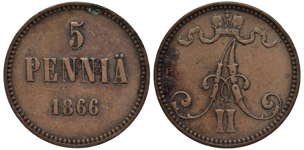РОССИЯ ДЛЯ ФИНЛЯНДИЯ 5 ПЕННИ 1866 АЛЕКСАНДР II, БИТКИН 658 KM 4.1 медь 1522-523