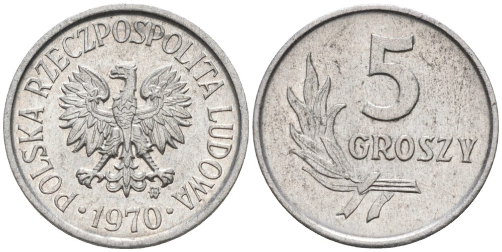 Польша 5 грошей 1970 MW  KM A46, Parchimowicz 204j алюминий 86-467