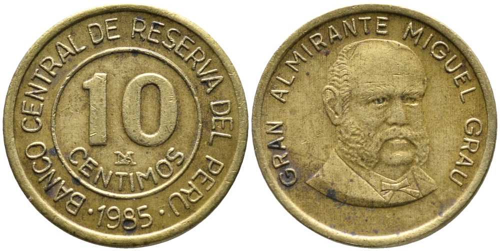 Перу 10 сентимо 1985 LIMA, Мигель Грау Семинарио KM 293, Schon 94 латунь 105-953