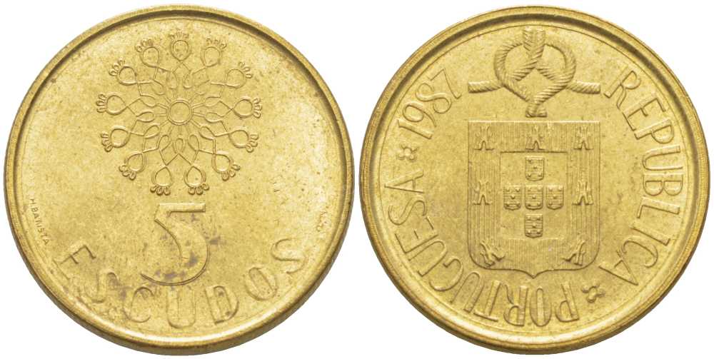 ПОРТУГАЛИЯ 5 ЭСКУДО 1987 KM 632 никель латунь 4390-255