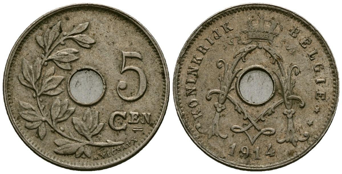 Бельгия 5 сантимов 1914 Belgie KM 67 медно-никель 4173-448