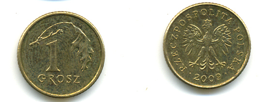 ПОЛЬША 1 ГРОШ 2009 KM 276 латунь 3999-1115