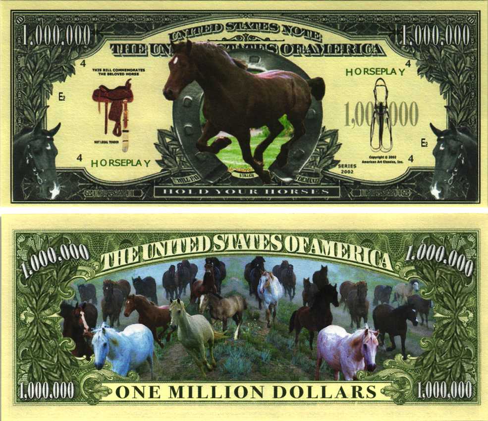 США 1000000 ДОЛЛАРОВ 2002 СУВЕНИРНАЯ БАНКНОТА, ЛОШАДИ бумага UNC (ПРЕСС) 7198-42-2-1