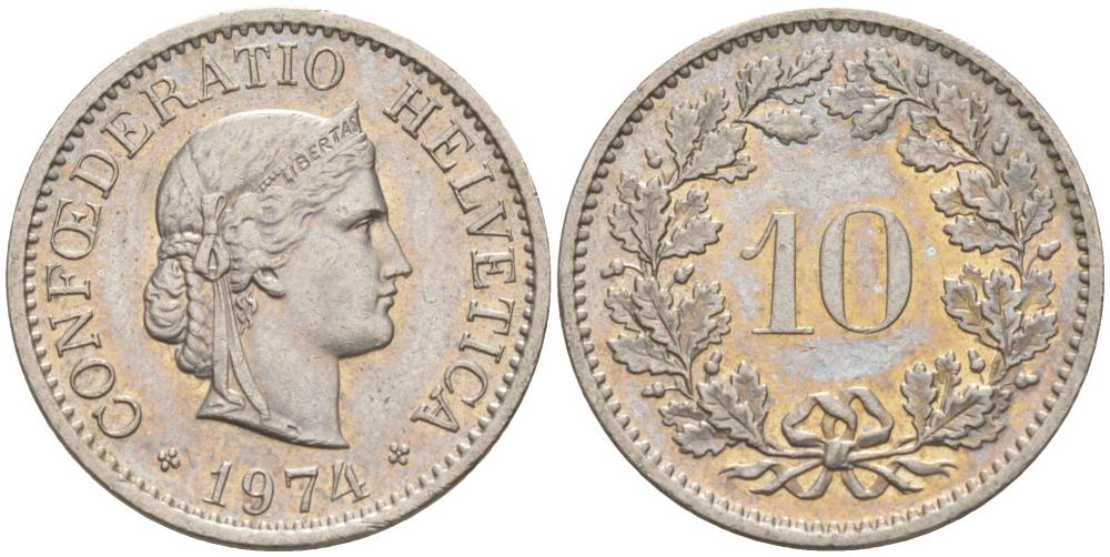 Швейцария 10 раппенов 1974 KM 27 медно-никель 55-453