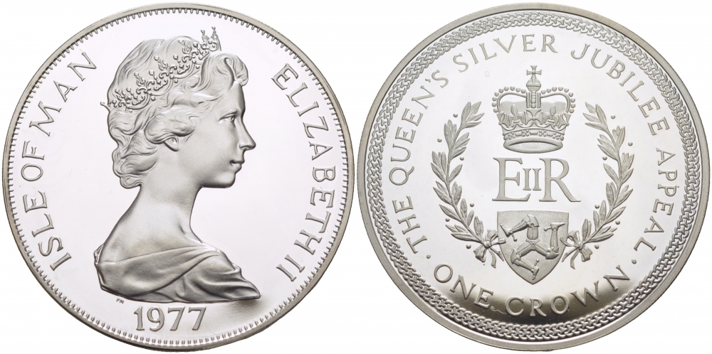 Остров Мэн 1 крона 1977 Серебряный юбилей правления королевы Елизаветы II КМ 42a серебро PROOF 1081-4-53