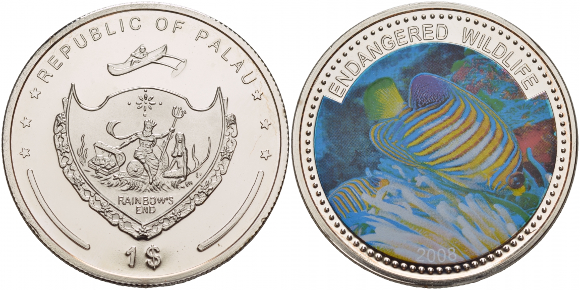 Палау 1 доллар 2008 серия вымирающие виды, рыба королевский ангел, цветная эмаль KM 166 медно-никель PROOF 1088-7-22