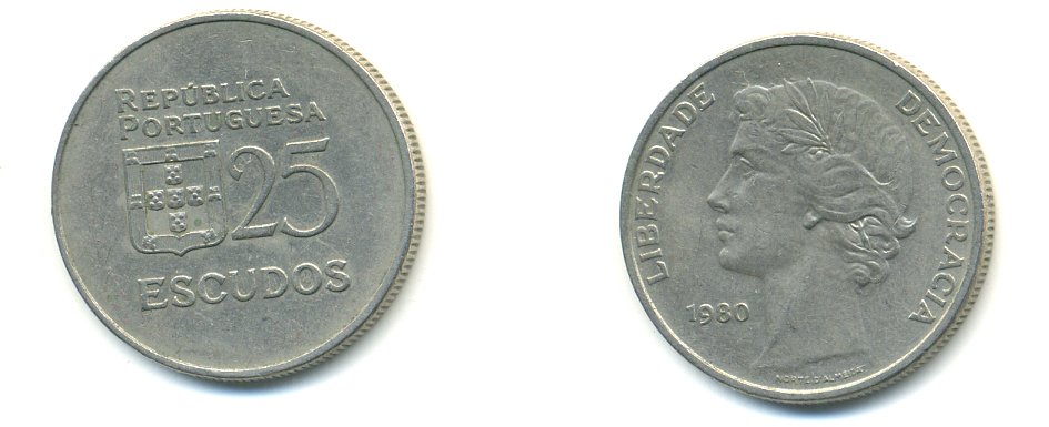 Португалия 25 эскудо 1980 первый год KM 607 a медно-никель 54-2357