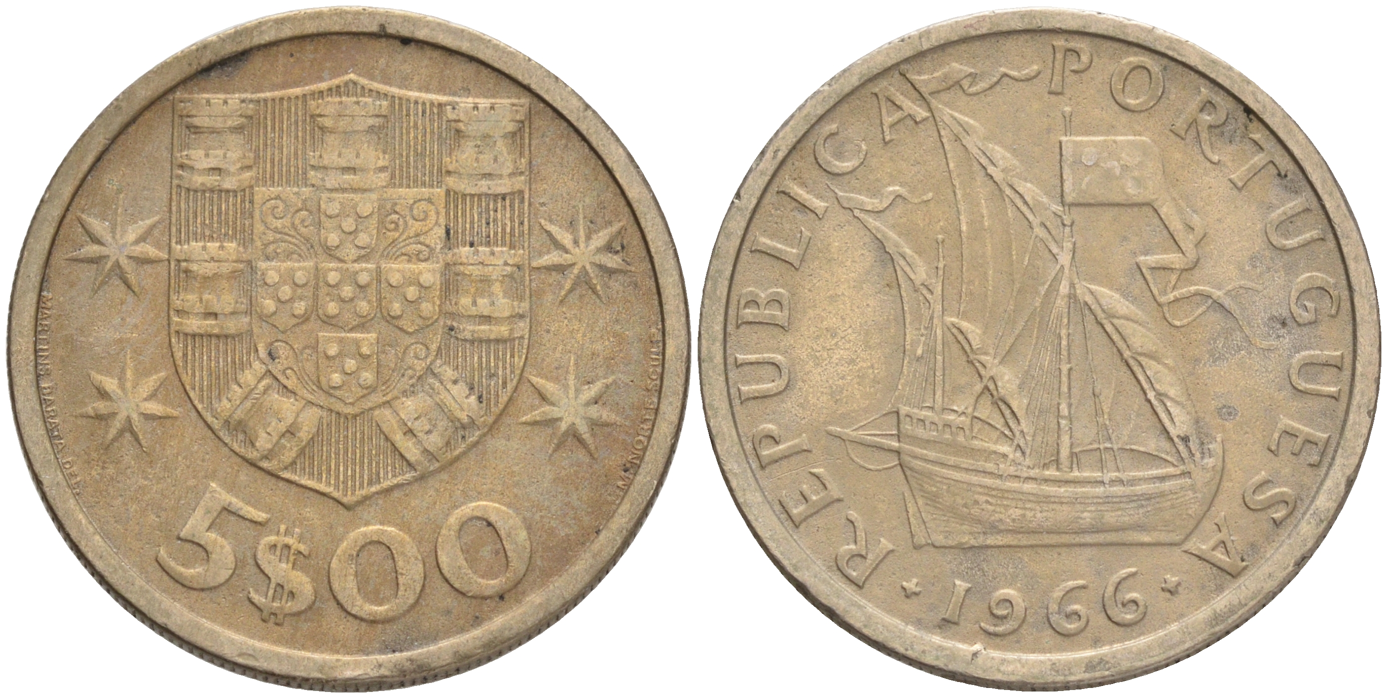 Португалия 5 эскудо 1966 парусник KM 591 медно-никель 4561-745