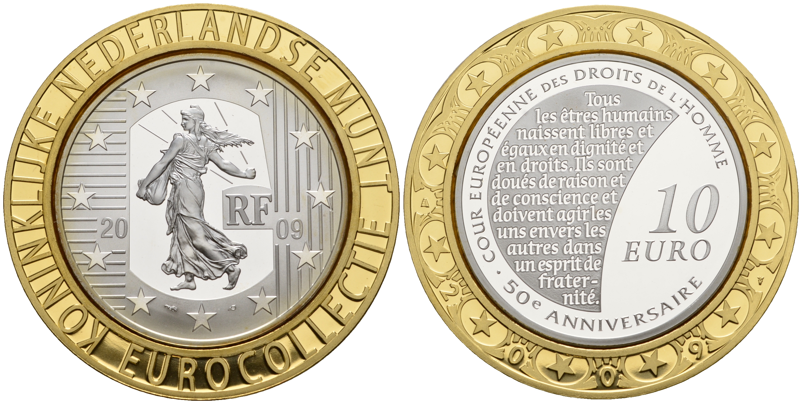 Франция 10 евро 2009 50 лет Европейскому суду по правам человека, коллекция Нидерландского монетного двора KM 1584 серебро PROOF 11-060-22