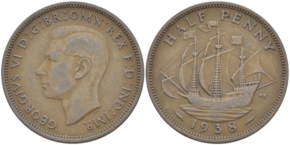 Великобритания 1/2 пенни 1938 Георг VI (1936-1952) KM 844, Spink 4115 бронза 4539-237