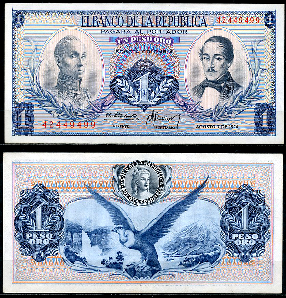 Колумбия 1 песо 1974 Симон Боливар, генерал Франсиско де Паула Сантандер Pick 404e  бумага  UNC (пресс) 447-70-7-1