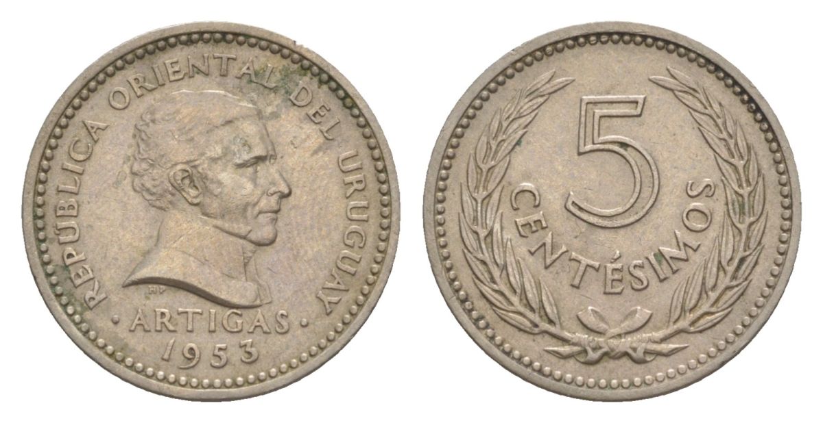 Уругвай 5 сентесимо 1953 KM 34 медно-никель 4632-748