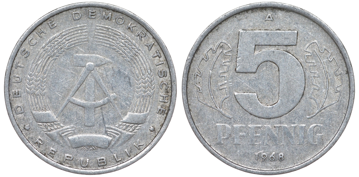 ГДР 5 ПФЕННИГОВ 1968 A KM 9.1 алюминий 62-157