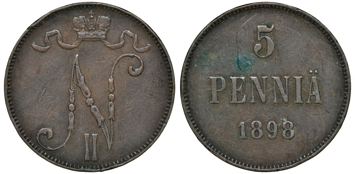 Россия для Финляндии 5 пенни 1898 Николай II (1894-1917) KM 15, Биткин 443 медь 51-811