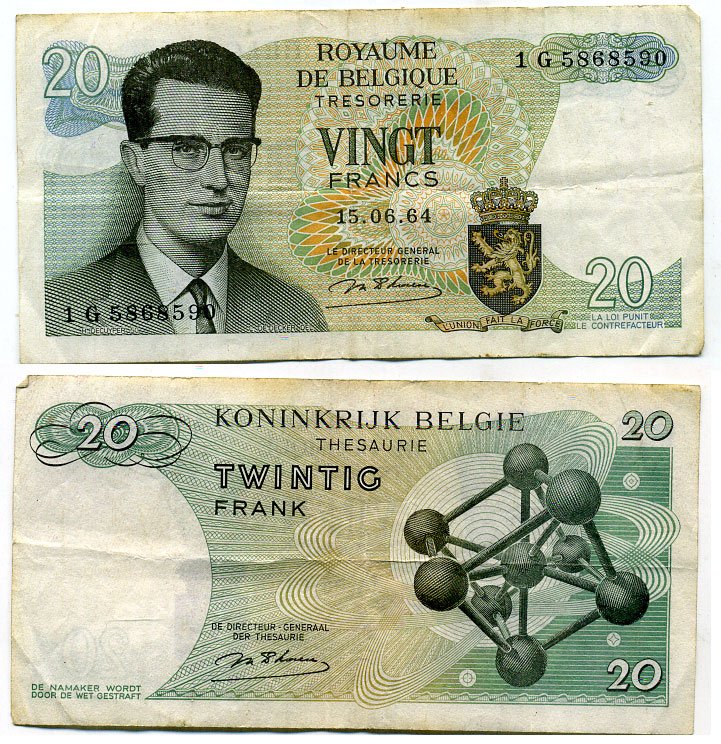 Бельгия 20 франков 1964 Бодуэн I, атомиум, Esselens Pick 138 (2) бумага 7457-40-1-2