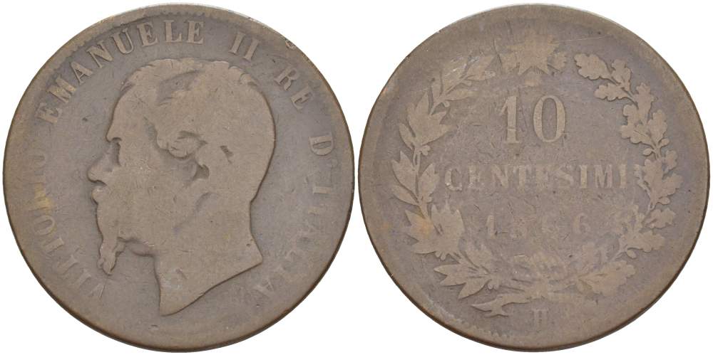 ИТАЛИЯ 10 ЧЕНТЕЗИМО 1866 H, ВИКТОР ЭММАНУИЛ II (1861-1878) KM 11.3 медь 4184-1133