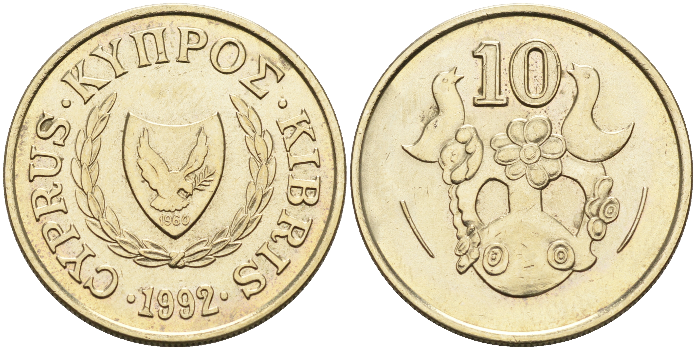 КИПР 10 ЦЕНТОВ 1992 ВАЗА С ПТИЧКАМИ KM 56.3 никель латунь 4563-745