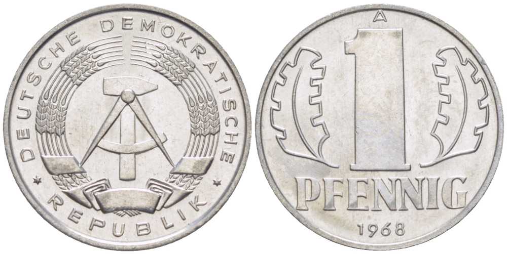ГДР 1 ПФЕННИГ 1968 А KM 8.1 алюминий 66-362