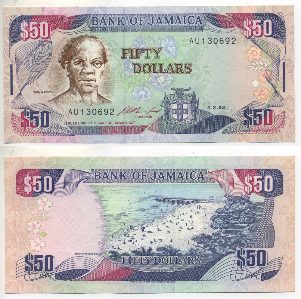 ЯМАЙКА 50 ДОЛЛАРОВ 1993 1 ФЕВРАЛЯ 1993, САМУЭЛЬ ШАРП, ПОДПИСЬ 11 Pick 73b бумага аUNC 7551-17-2-2
