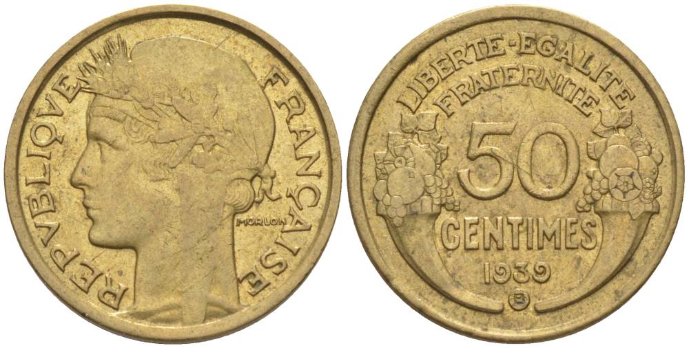 ФРАНЦИЯ 50 САНТИМОВ 1939 В, ТИП MORLON, МОНДВОР БРЮССЕЛЬ KM 894.2, LE FRANC 192.16 алюминиевая бронза 44-924