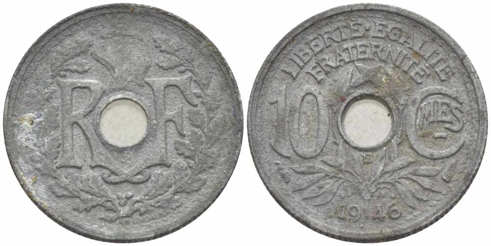 ФРАНЦИЯ 10 САНТИМОВ 1946 В, ДИАМЕТР 17 ММ., ПРАВИТЕЛЬСТВО ВИШИ KM 906.2, LE FRANC 143.5 цинк 105-448