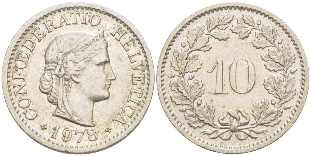 Швейцария 10 раппенов 1978 KM 27 медно-никель 4529-645
