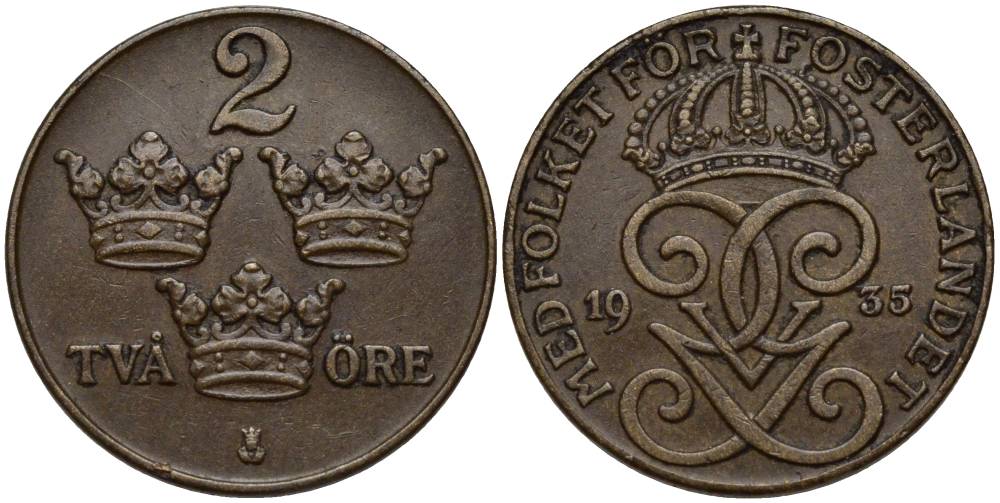 Швеция 2 эре 1935 Густав V (1907-1950) KM 778 бронза 27-545