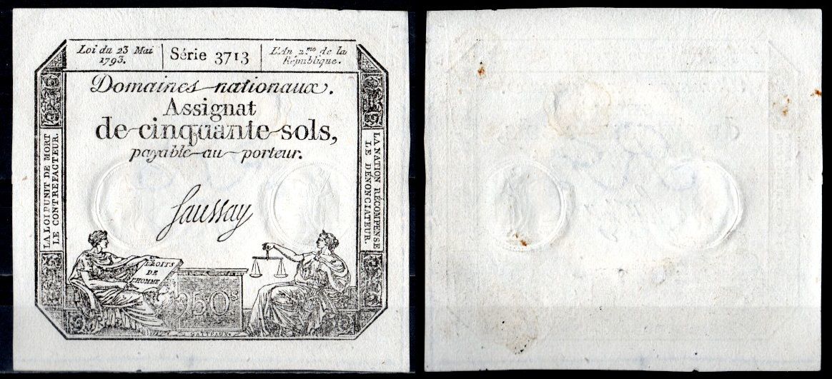 Франция 50 солей 1793 Pick A56 бумага 8613-40-3-2