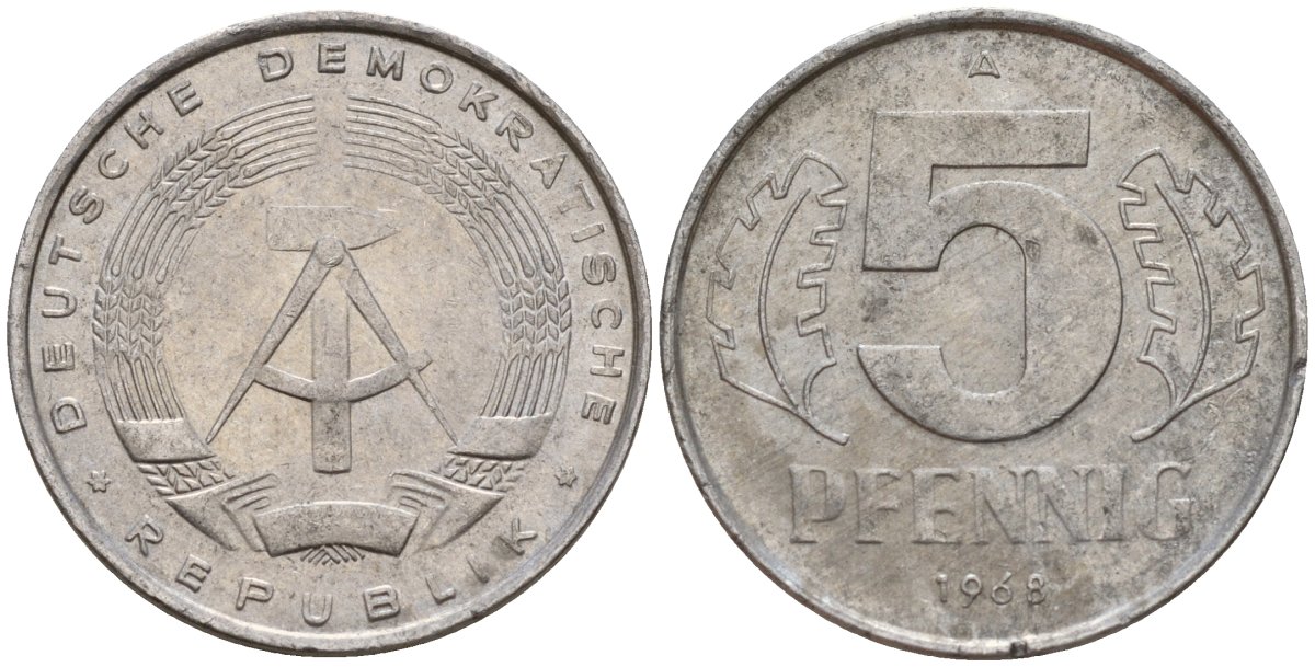 ГДР 5 пфеннигов 1968 A KM 9.1 алюминий 206-1124