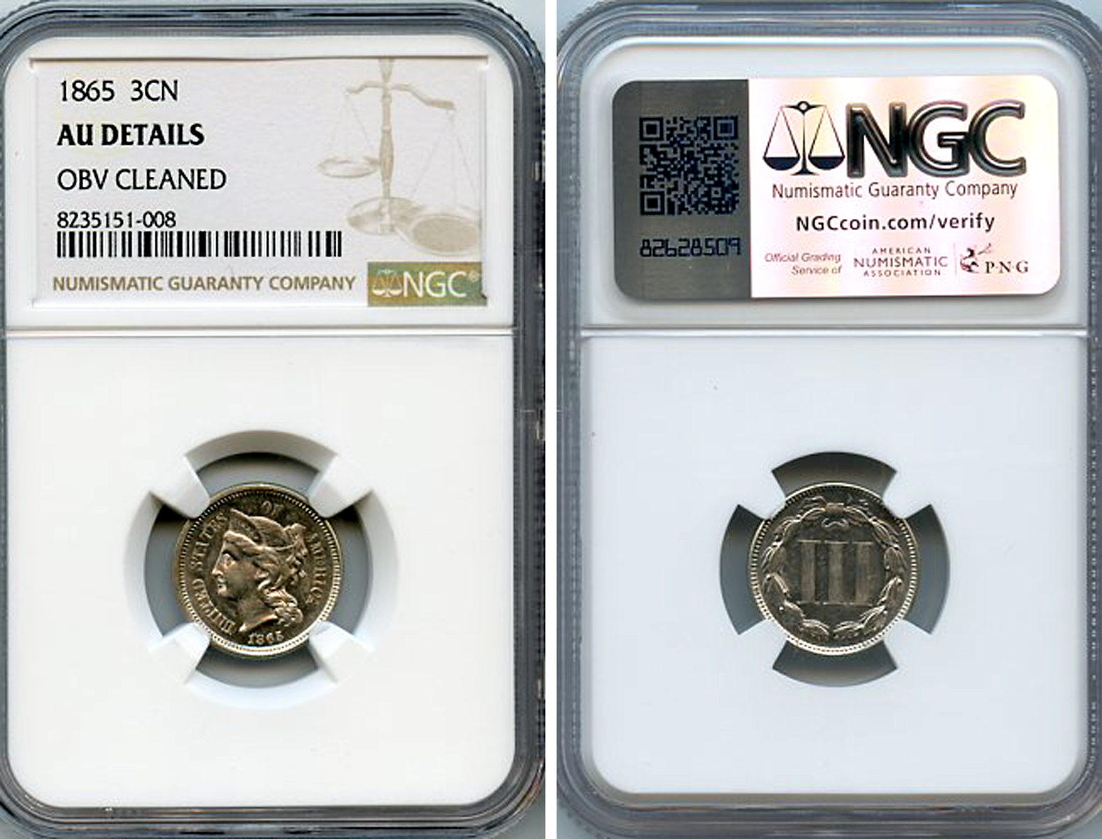 США 3 цента 1865 в слабе NGC AU DETAILS KM 95 медно-никель  UNC  15-024-01