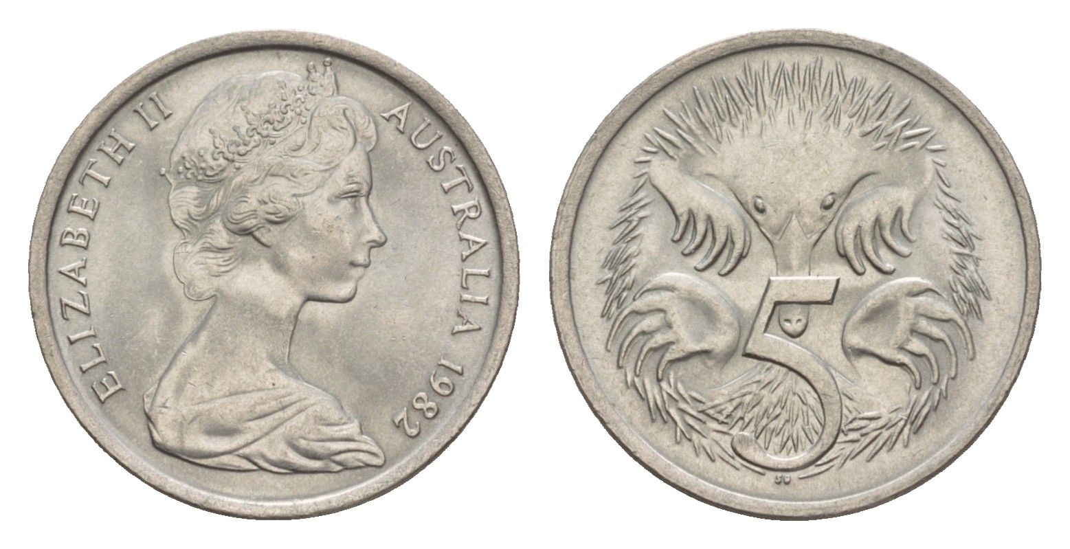 Австралия 5 центов 1982 Елизавета II (1952-2022) молодой портрет, ехидна KM 64 медно-никель UNC 4658-113