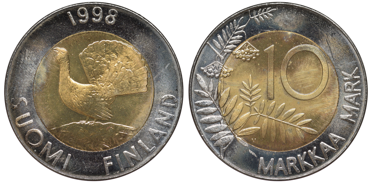 ФИНЛЯНДИЯ 10 МАРОК 1998 ГЛУХАРЬ KM 77 биметалл UNC 3334-844