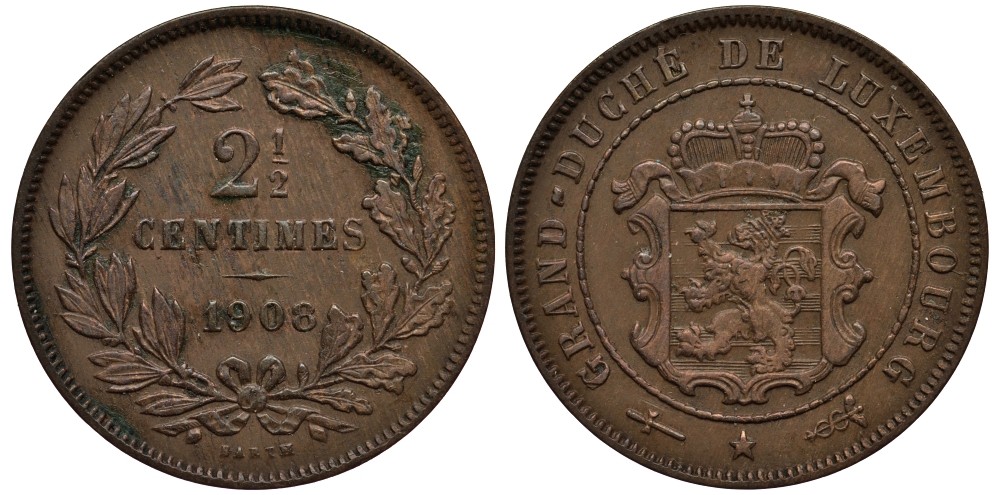 ЛЮКСЕМБУРГ 2 1/2 САНТИМА 1908 ВЕЛИКИЙ ГЕРЦОГ АДОЛЬФ (1890-1905) КМ 21 бронза 4538-816