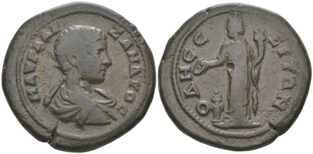 Римская Империя, Провинция Нижняя Мезия, Одессос ассарий 221 - 222 Александр Север, бюст императора / Великий бог (Зевс?) с рогом Изобилия перед алтареМ, 11,74 гр Varbanov 4420 медь 1073-22-55