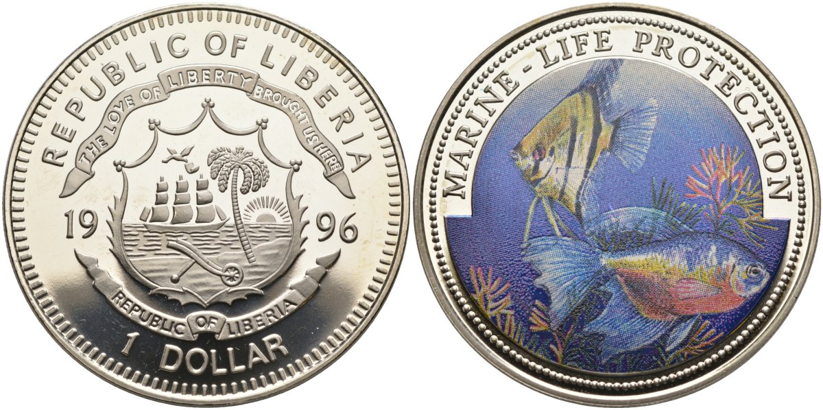 Либерия 1 доллар 1996 серия защита морской жизни, цветная эмаль KM 569 медно-никель PROOF 02-127-22