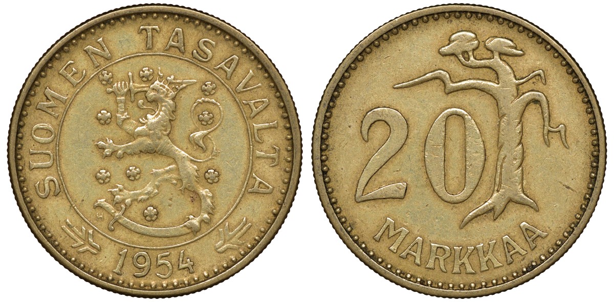 Финляндия 20 марок 1954 H, лев KM 39 алюминиевая бронза 4163-326